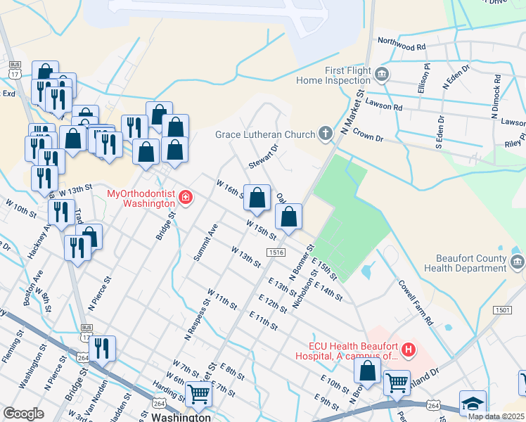 map of restaurants, bars, coffee shops, grocery stores, and more near 1509 North Respess Street in Washington