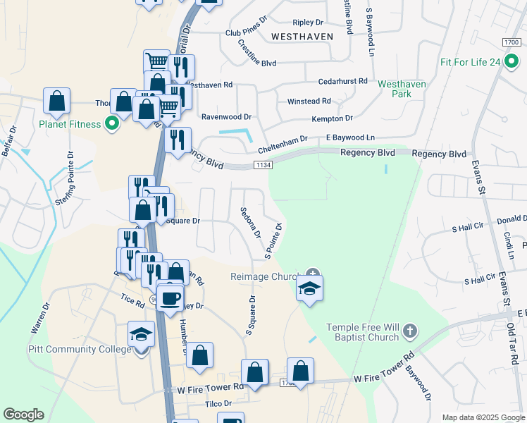 map of restaurants, bars, coffee shops, grocery stores, and more near 505 Hillshade Court in Winterville