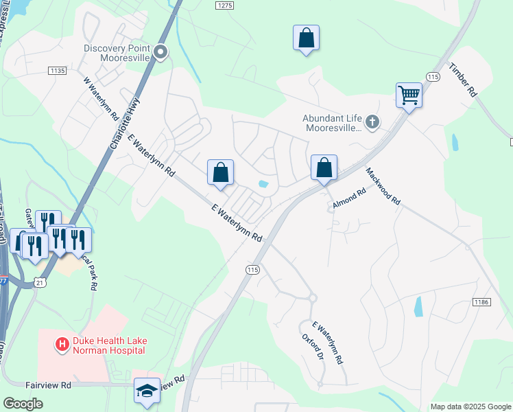 map of restaurants, bars, coffee shops, grocery stores, and more near 127 Morning Mist Lane in Mooresville