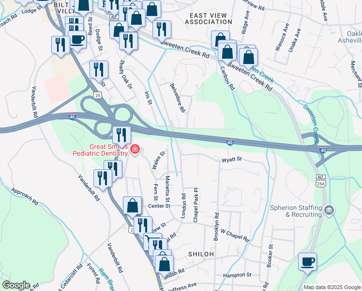 map of restaurants, bars, coffee shops, grocery stores, and more near 284 London Road in Asheville