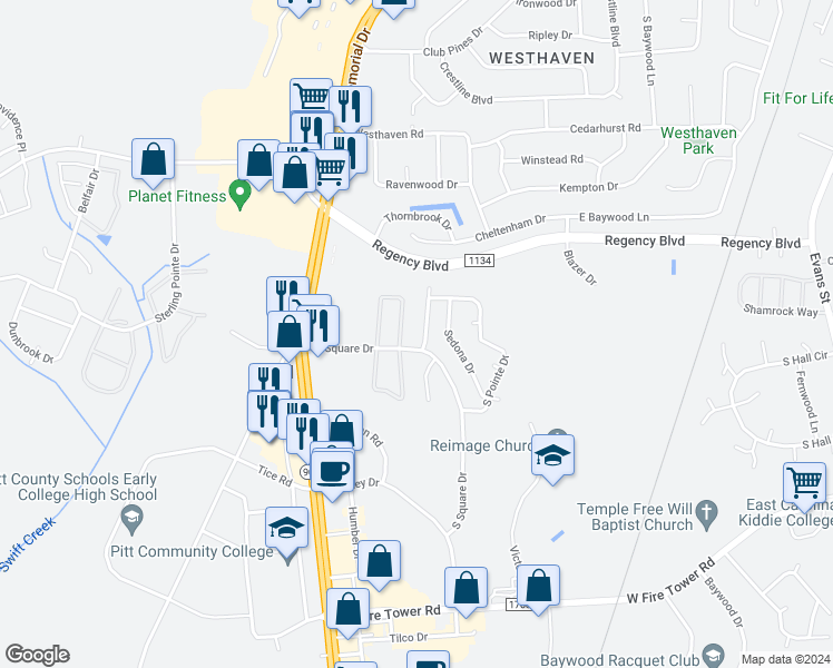 map of restaurants, bars, coffee shops, grocery stores, and more near 3916 Granada Drive in Winterville