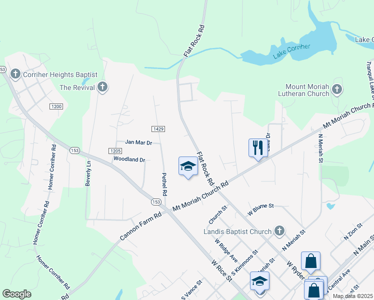 map of restaurants, bars, coffee shops, grocery stores, and more near 1185 Flat Rock Road in China Grove