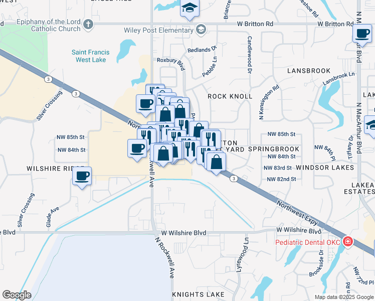 map of restaurants, bars, coffee shops, grocery stores, and more near 6817 Northwest Expy in Oklahoma City