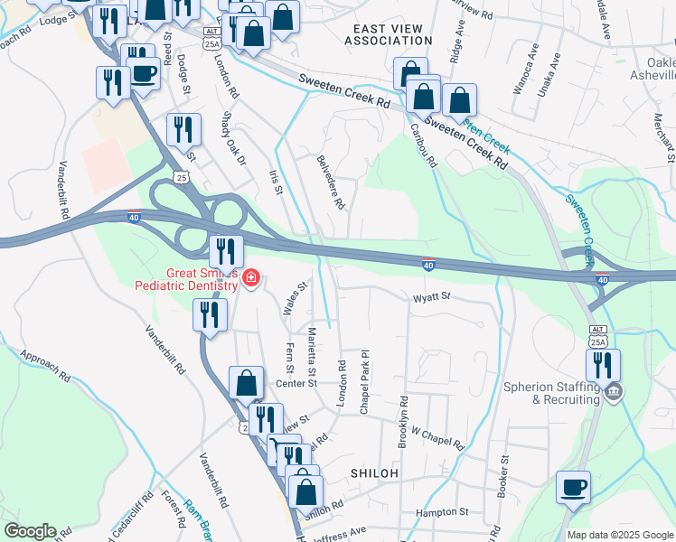 map of restaurants, bars, coffee shops, grocery stores, and more near 284 London Road in Asheville