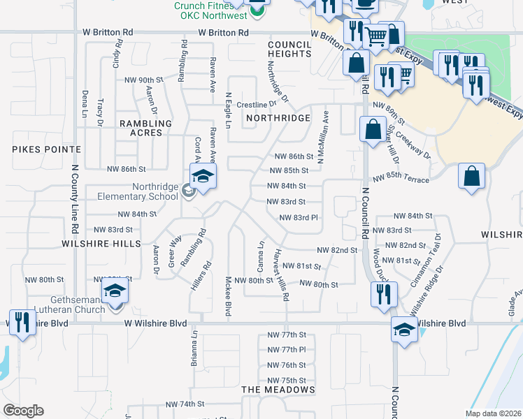 map of restaurants, bars, coffee shops, grocery stores, and more near 8309 Northwest 83rd Street in Oklahoma City