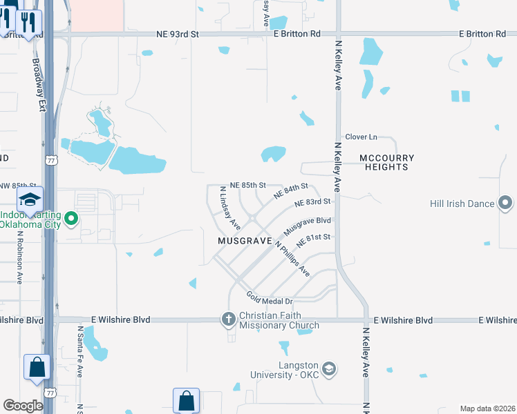 map of restaurants, bars, coffee shops, grocery stores, and more near 8501 North Laird Avenue in Oklahoma City