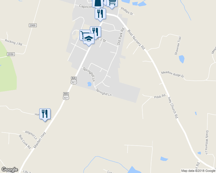map of restaurants, bars, coffee shops, grocery stores, and more near 107 Dundee Court in Maiden
