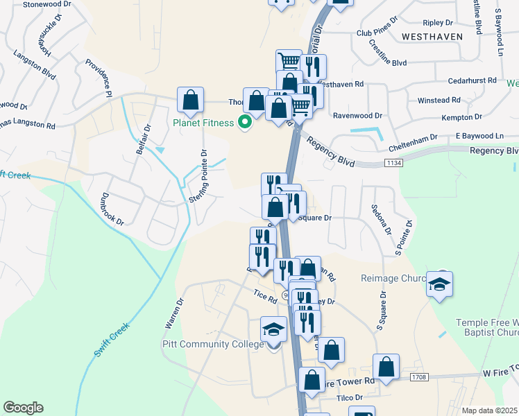 map of restaurants, bars, coffee shops, grocery stores, and more near 704 Patton Circle in Winterville