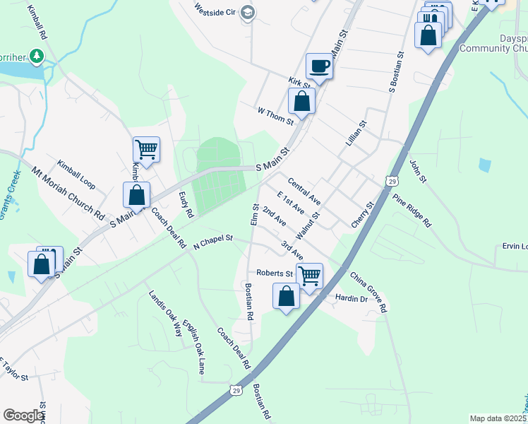 map of restaurants, bars, coffee shops, grocery stores, and more near 140 2nd Avenue in China Grove