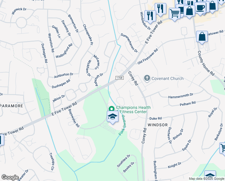 map of restaurants, bars, coffee shops, grocery stores, and more near 4004 Whitebridge Drive in Winterville