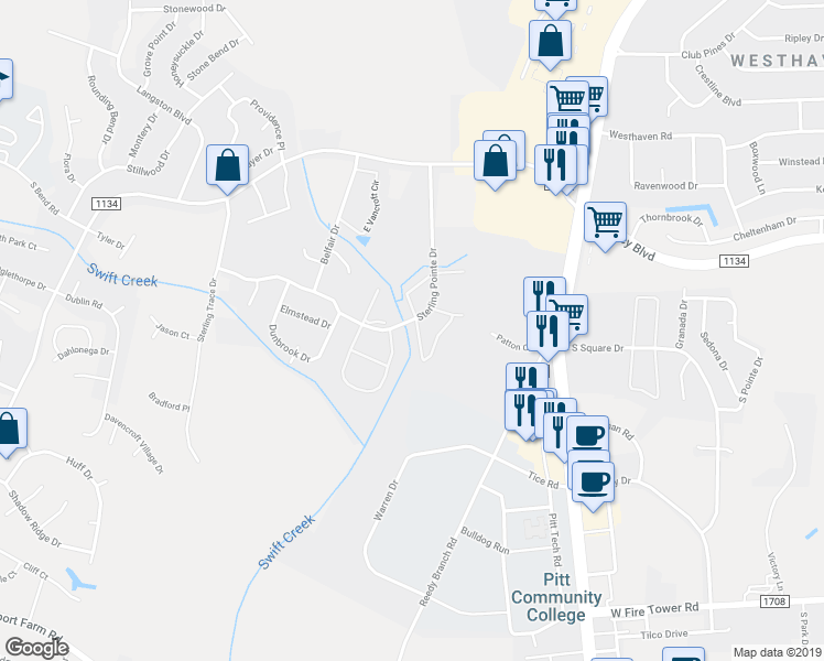 map of restaurants, bars, coffee shops, grocery stores, and more near 3900 Sterling Pointe Drive in Winterville