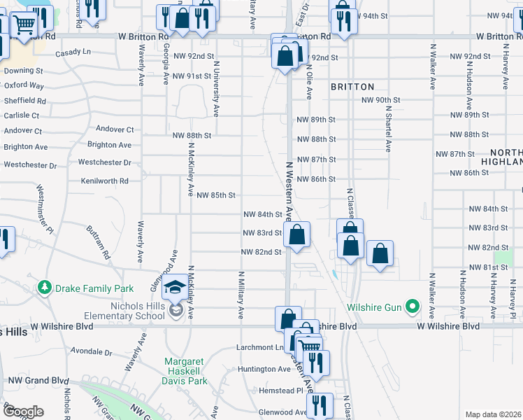 map of restaurants, bars, coffee shops, grocery stores, and more near 1136 Northwest 85th Street in Oklahoma City