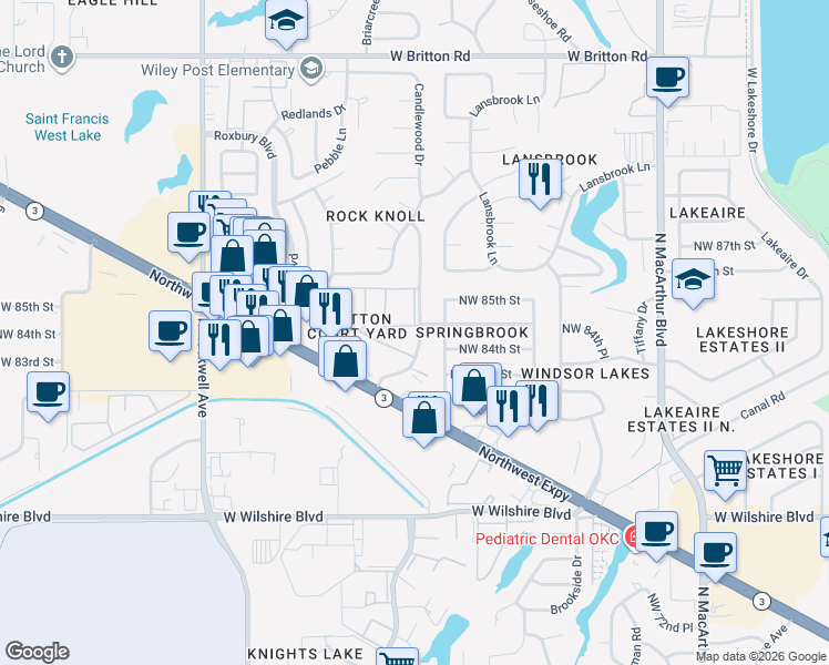 map of restaurants, bars, coffee shops, grocery stores, and more near 8557 Candlewood Drive in Oklahoma City