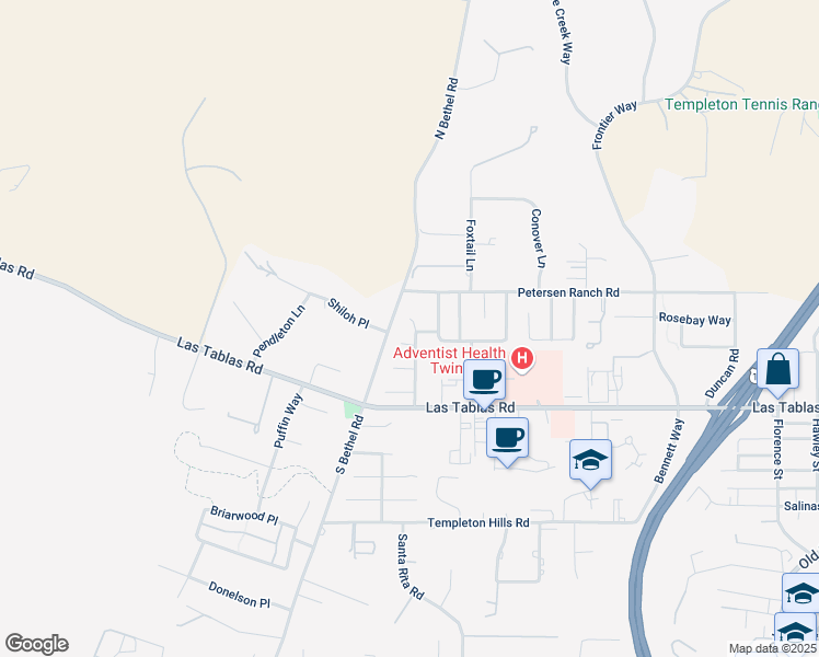 map of restaurants, bars, coffee shops, grocery stores, and more near 25 Mockingbird Lane in Templeton