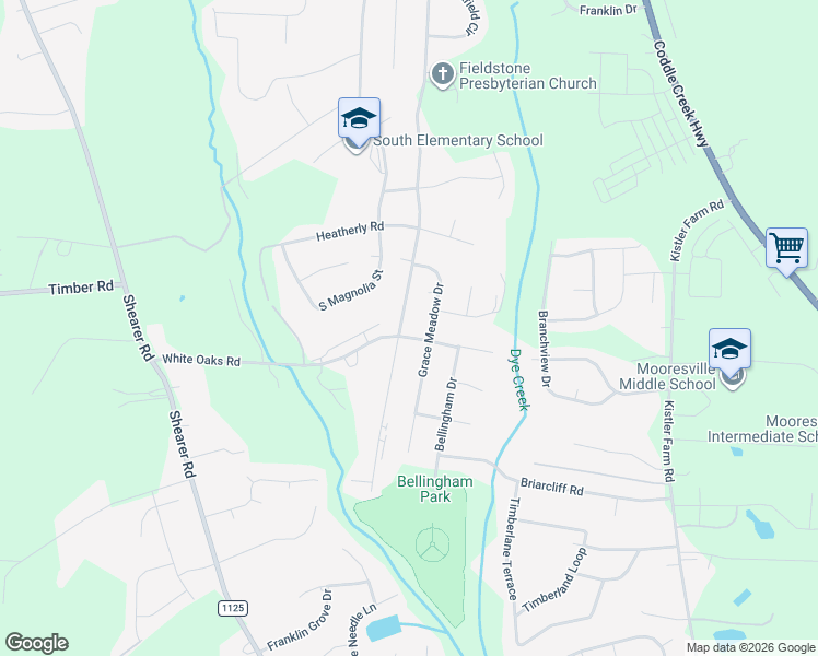 map of restaurants, bars, coffee shops, grocery stores, and more near 1129 Grace Meadow Drive in Mooresville