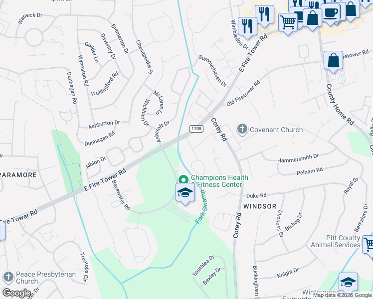 map of restaurants, bars, coffee shops, grocery stores, and more near 4006 Whitebridge Drive in Winterville