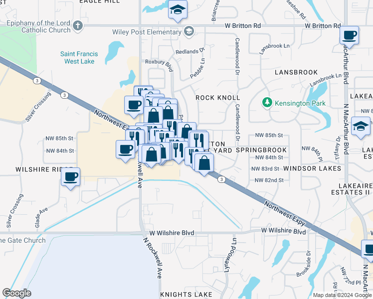 map of restaurants, bars, coffee shops, grocery stores, and more near 6801 Northwest Expressway in Oklahoma City