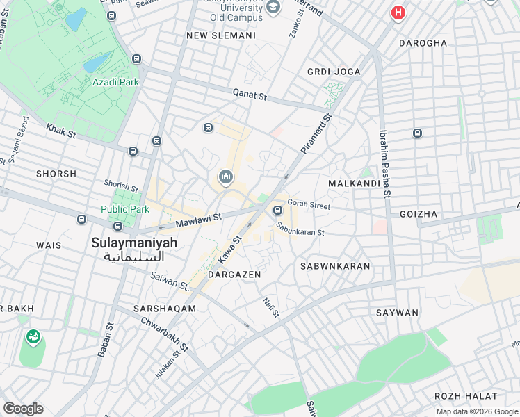 map of restaurants, bars, coffee shops, grocery stores, and more near Kawa Street in Sulaymaniyah