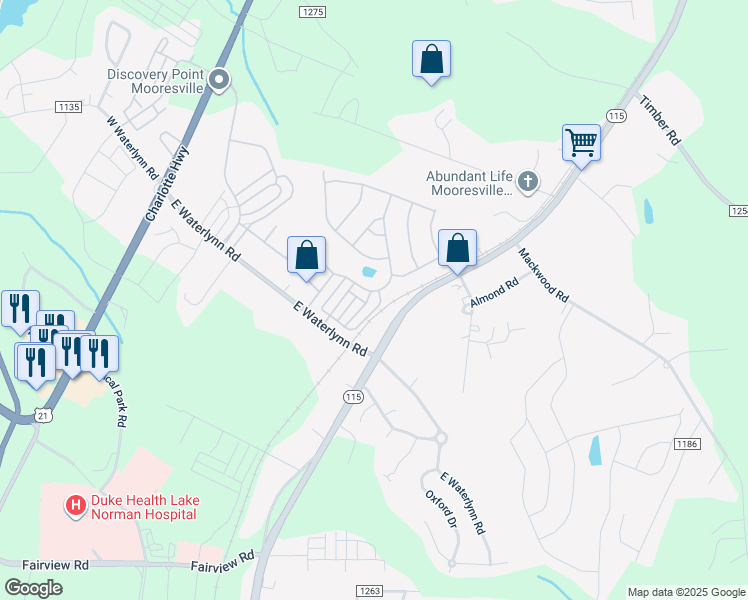 map of restaurants, bars, coffee shops, grocery stores, and more near 136 Morning Mist Lane in Mooresville