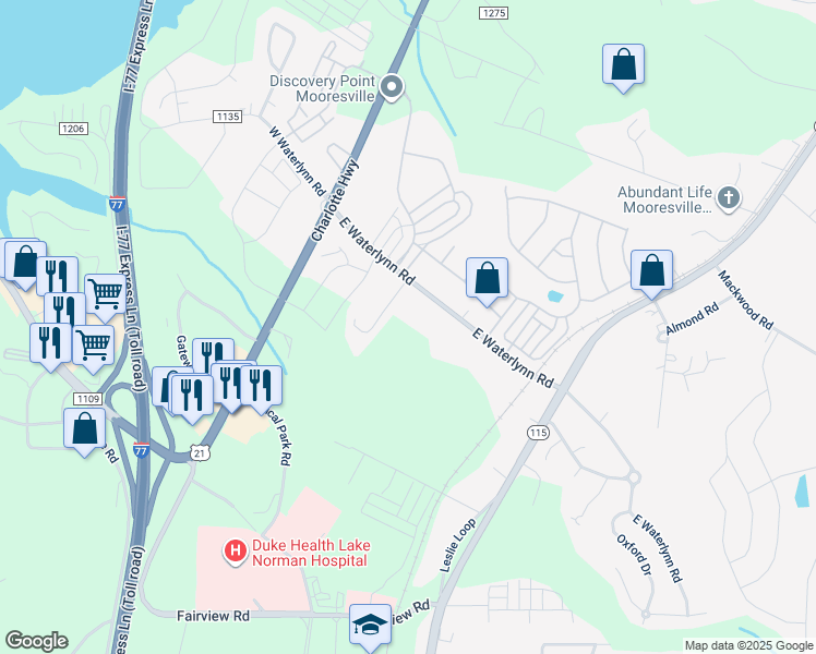 map of restaurants, bars, coffee shops, grocery stores, and more near 170 East Waterlynn Road in Mooresville