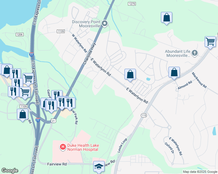 map of restaurants, bars, coffee shops, grocery stores, and more near 170 East Waterlynn Road in Mooresville