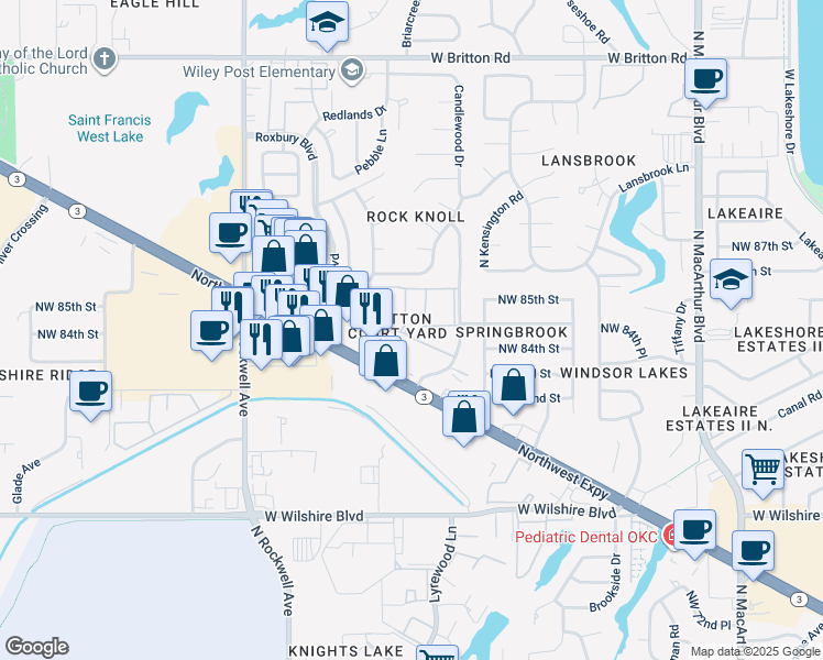 map of restaurants, bars, coffee shops, grocery stores, and more near 8549 Candlewood Drive in Oklahoma City