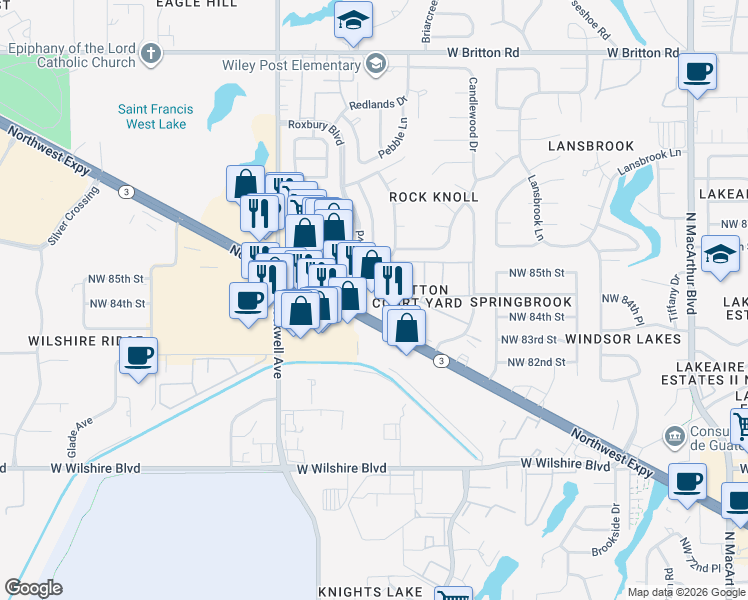 map of restaurants, bars, coffee shops, grocery stores, and more near 6817 Northwest Expressway in Oklahoma City