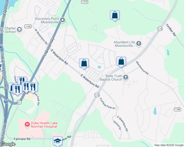 map of restaurants, bars, coffee shops, grocery stores, and more near 127 Walnut Cove Drive in Mooresville