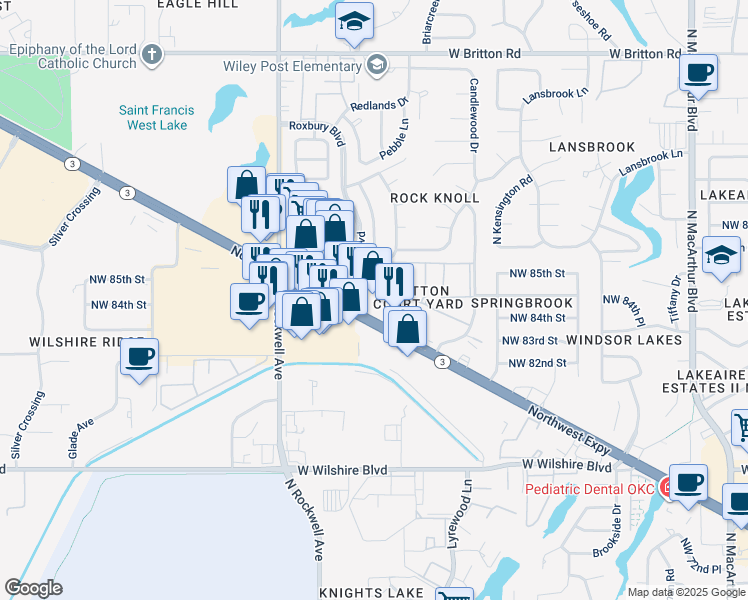 map of restaurants, bars, coffee shops, grocery stores, and more near 6801 Northwest Expressway in Oklahoma City