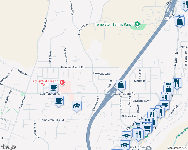 map of restaurants, bars, coffee shops, grocery stores, and more near 920 Rosebay Way in Templeton