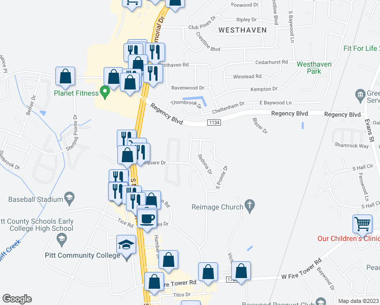 map of restaurants, bars, coffee shops, grocery stores, and more near 3913 Granada Drive in Winterville