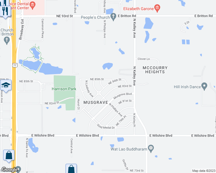 map of restaurants, bars, coffee shops, grocery stores, and more near 824 Northeast 84th Street in Oklahoma City