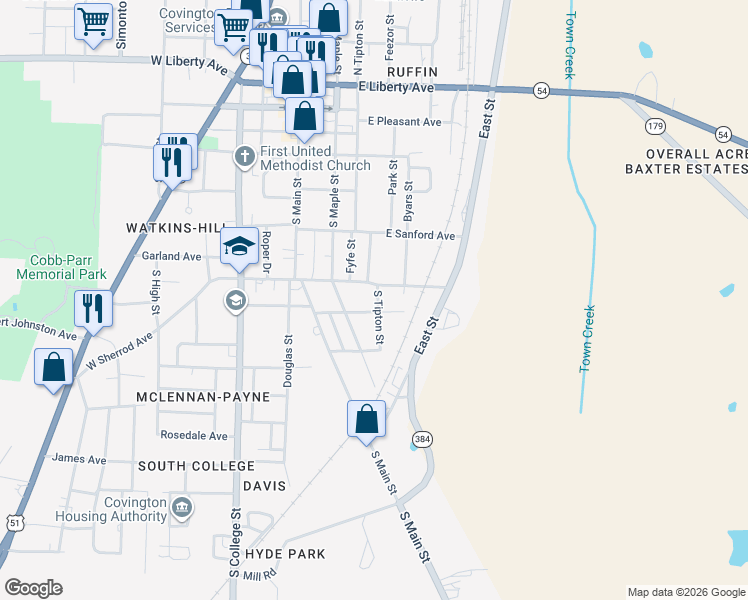 map of restaurants, bars, coffee shops, grocery stores, and more near 233 East Sherrod Avenue in Covington