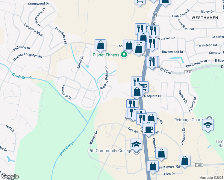 map of restaurants, bars, coffee shops, grocery stores, and more near 3909 Sterling Pointe Drive in Winterville