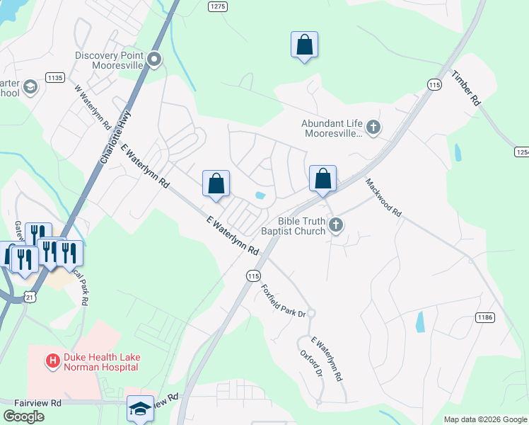 map of restaurants, bars, coffee shops, grocery stores, and more near 160 Silverspring Place in Mooresville