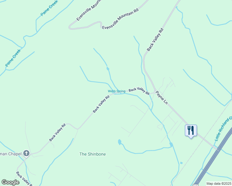 map of restaurants, bars, coffee shops, grocery stores, and more near 5585 Back Valley Road in Evensville