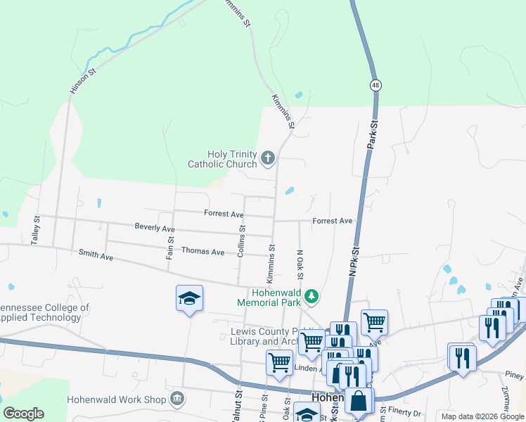 map of restaurants, bars, coffee shops, grocery stores, and more near 300 Borum Avenue in Hohenwald