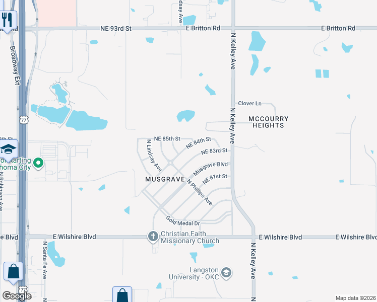 map of restaurants, bars, coffee shops, grocery stores, and more near 833 Northeast 84th Street in Oklahoma City