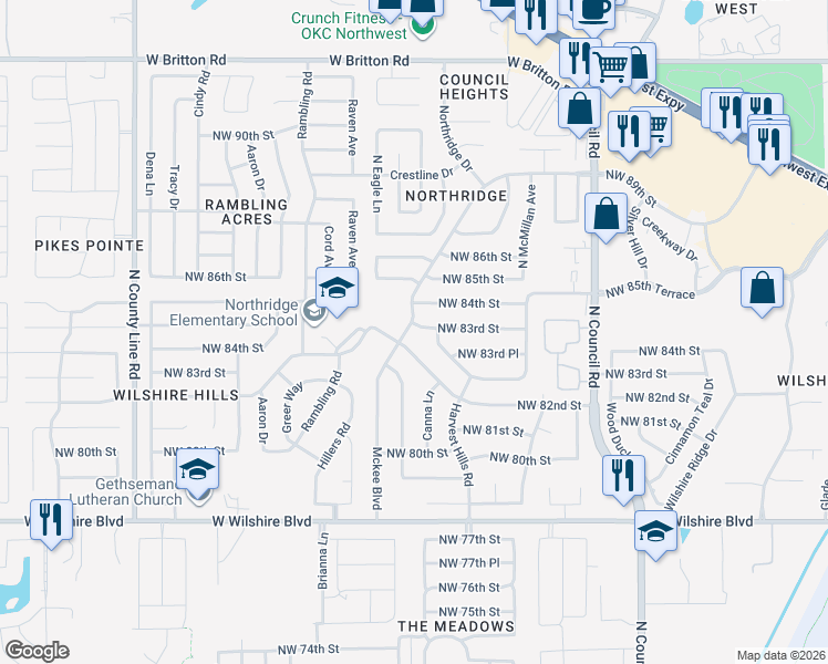 map of restaurants, bars, coffee shops, grocery stores, and more near 8401 Mckee Boulevard in Oklahoma City