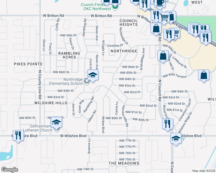 map of restaurants, bars, coffee shops, grocery stores, and more near 8401 Mckee Boulevard in Oklahoma City
