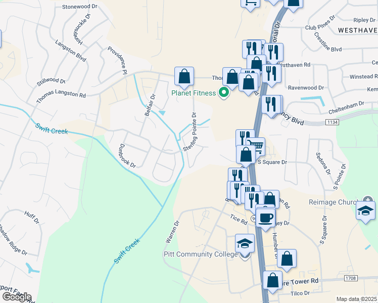 map of restaurants, bars, coffee shops, grocery stores, and more near 3900 Sterling Pointe Drive in Winterville