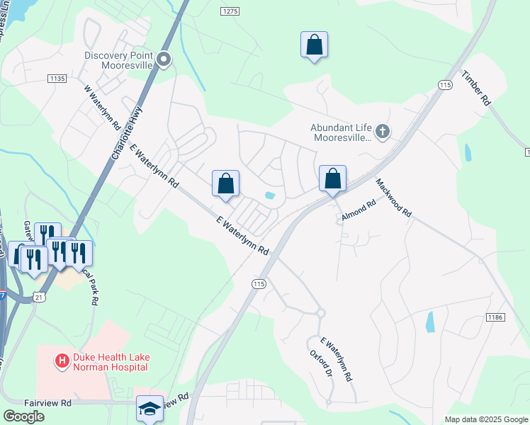 map of restaurants, bars, coffee shops, grocery stores, and more near 127 Walnut Cove Drive in Mooresville