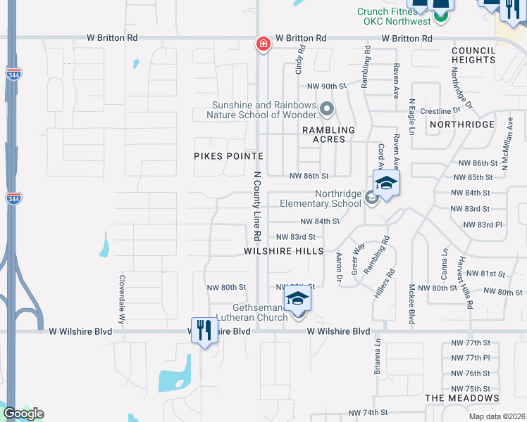 map of restaurants, bars, coffee shops, grocery stores, and more near 8517 Curtis Terrace in Oklahoma City