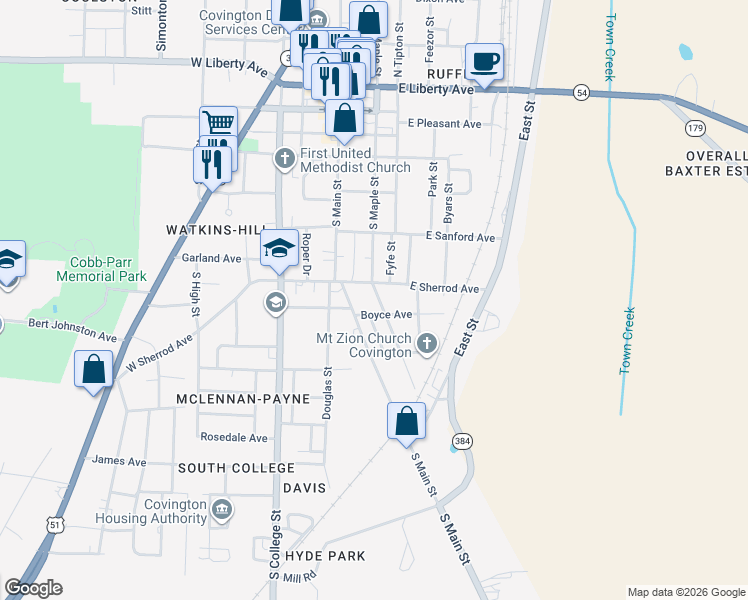 map of restaurants, bars, coffee shops, grocery stores, and more near 207 East Sherrod Avenue in Covington