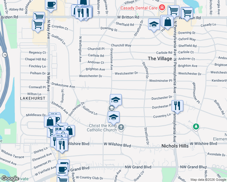 map of restaurants, bars, coffee shops, grocery stores, and more near 1834 Drakestone Avenue in Nichols Hills
