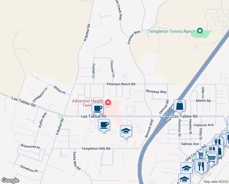 map of restaurants, bars, coffee shops, grocery stores, and more near 46 Lone Oak Way in Templeton