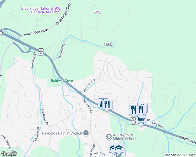 map of restaurants, bars, coffee shops, grocery stores, and more near 8B Cedarwood Road in Asheville