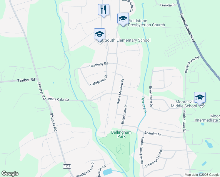 map of restaurants, bars, coffee shops, grocery stores, and more near 1127 Fieldstone Road in Mooresville