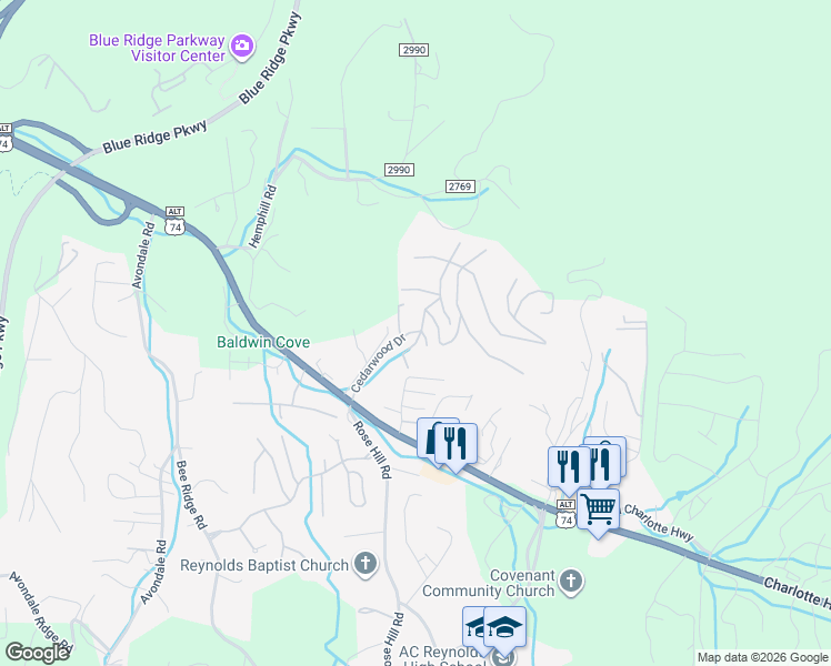 map of restaurants, bars, coffee shops, grocery stores, and more near 8B Cedarwood Road in Asheville