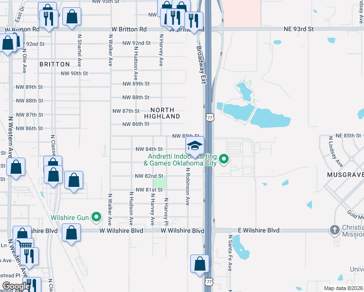 map of restaurants, bars, coffee shops, grocery stores, and more near 216 Northwest 85th Street in Oklahoma City